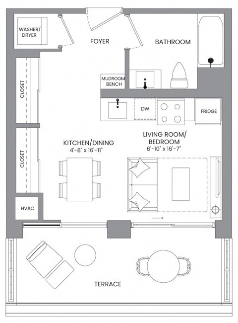 a floor plan of a small house with a bedroom and a living room